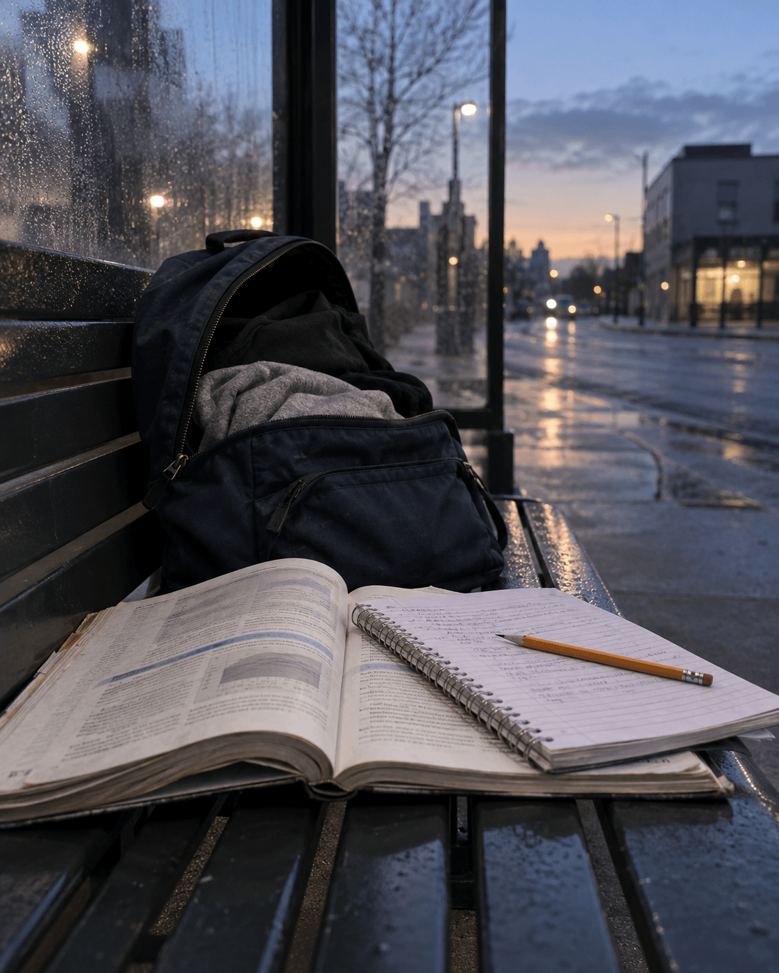 Illustrative image of a backpack and open study books at a bus shelter before sunrise