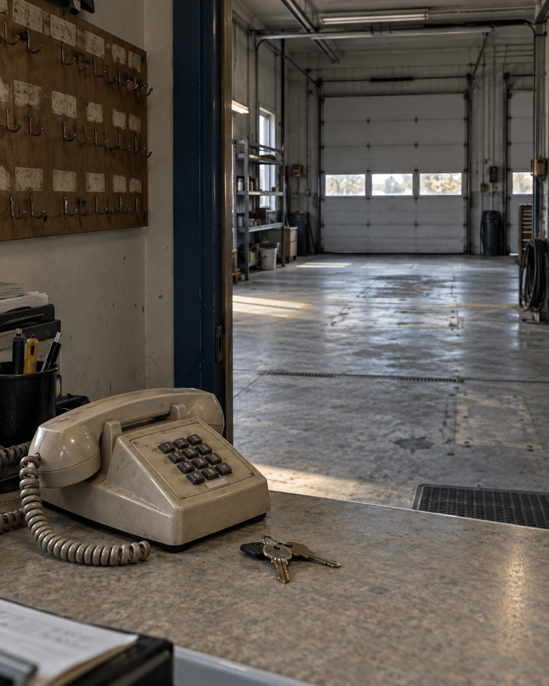 Twenty Techs. Then None. Illustrative image of a silent desk phone, empty key hooks and a vacant trade workshop