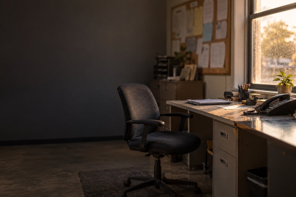 HVAC answering service gap: an empty office chair beside a desk with a corded phone in a small trade shop office.