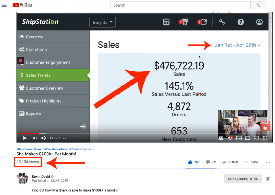 Original supplied YouTube screenshot showing 23,235 views and 761 likes on Mia Shark’s Kevin David interview